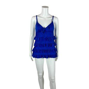 Betsey Johnson Tankini Top Womens Small 00s Royal Blue Bow Ruffle Swimsuit Swim